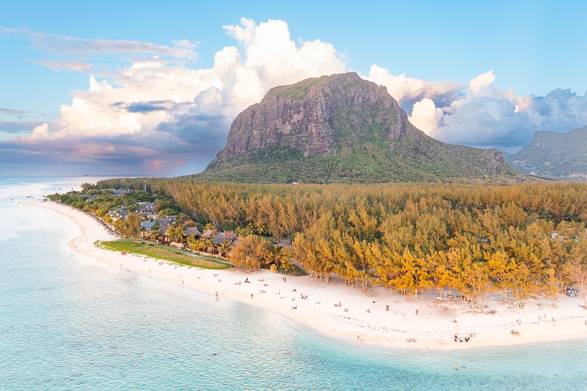 Aerial view of a Mauritius beach and lagoon